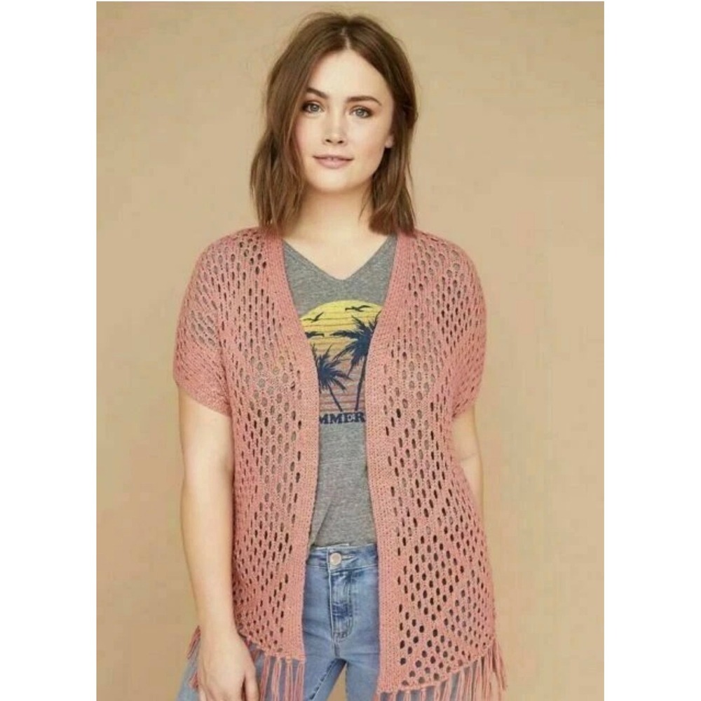 Lane Bryant Womens Pink Crochet Open‎ Knit Fringe Cardigan Vest 18/20 1091250